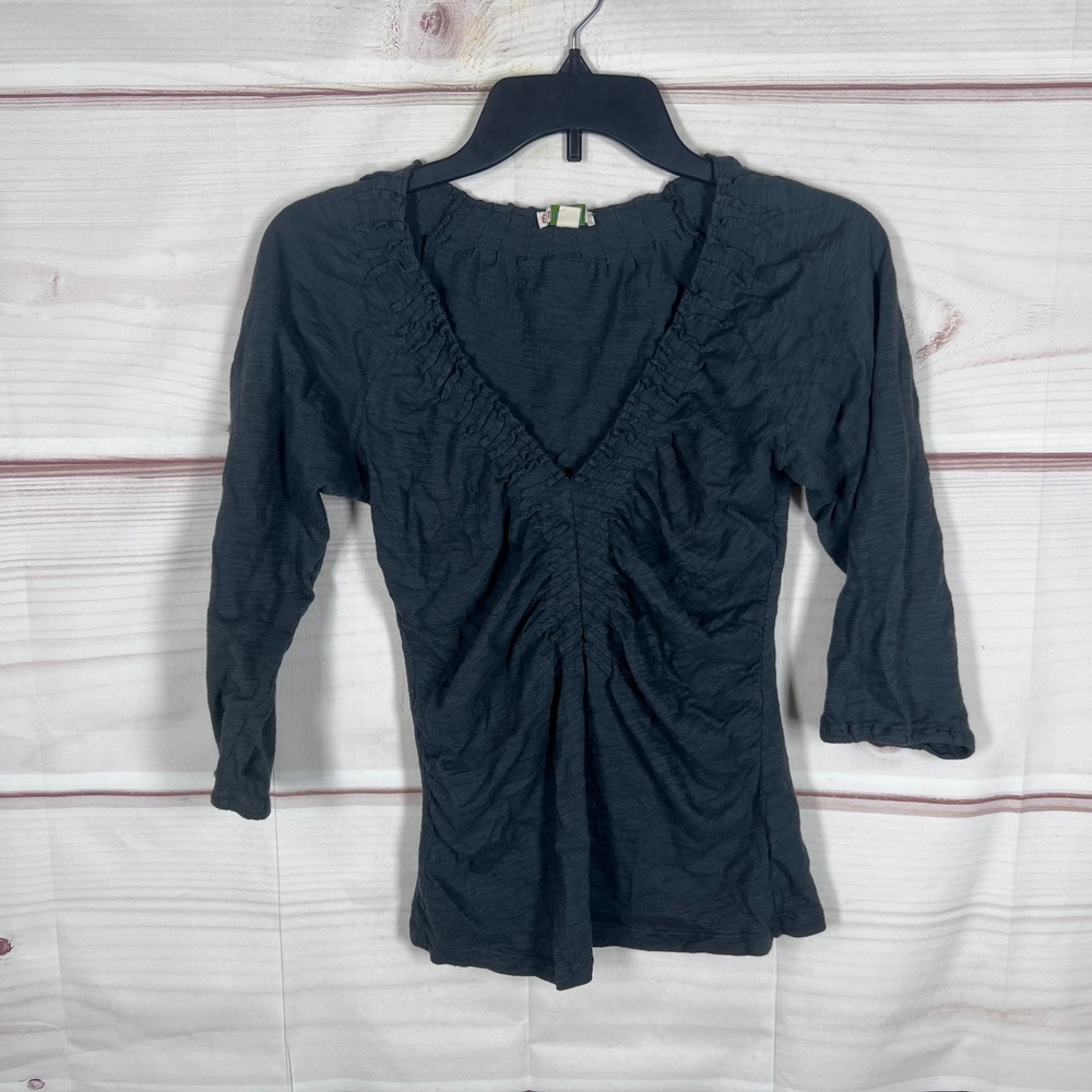 Ett Twa Top Women Small Gray V-Neck Ruched 3/4 Sleeve T-Shirt Cotton Slub Casual